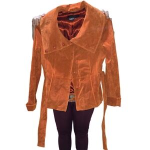 Terry Lewis Classic Luxuries Orange Suede Leather Belted Jacket Large RN77025